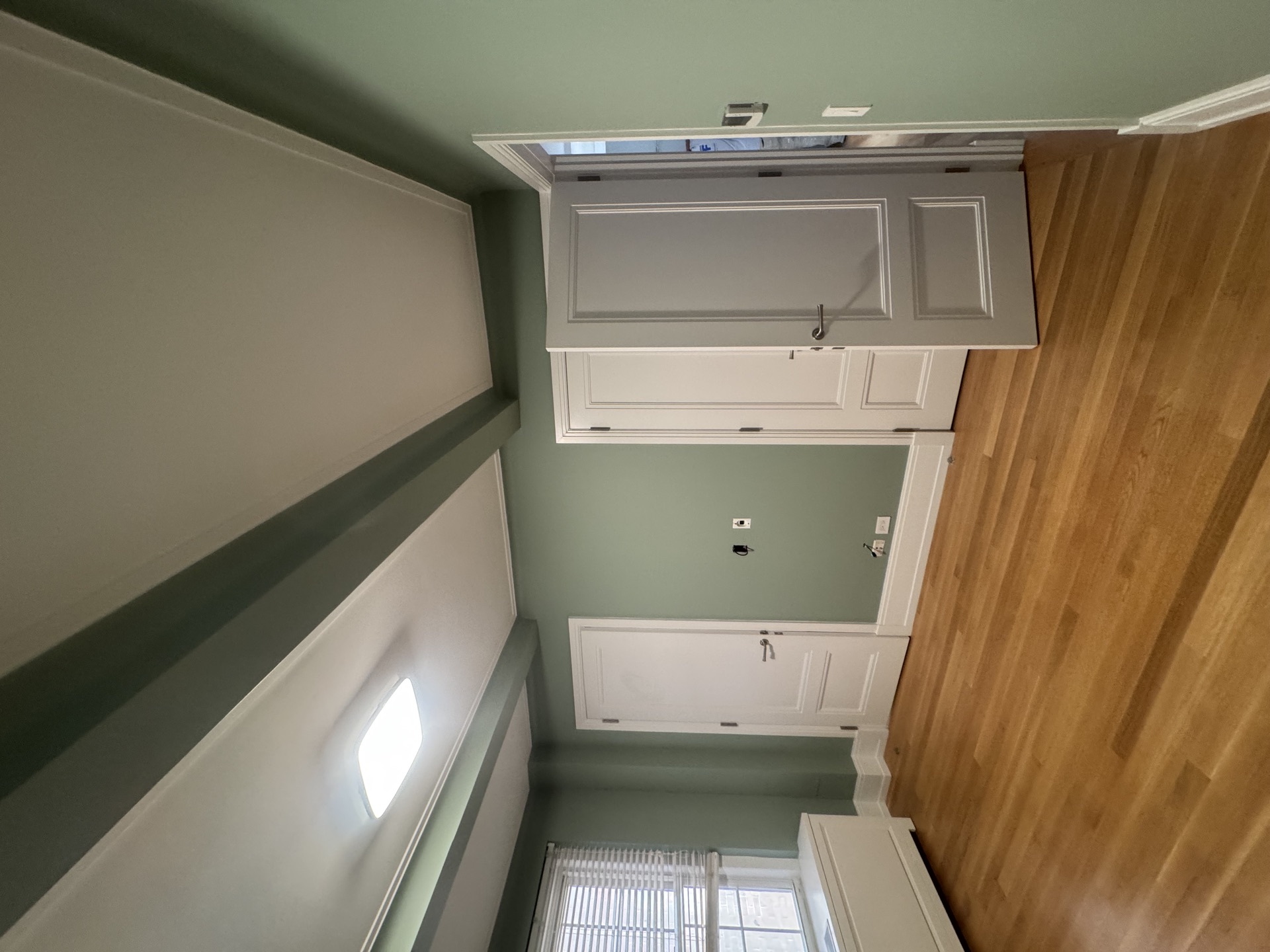 Two paneled doors with detailed casing and crown molding on sage green walls