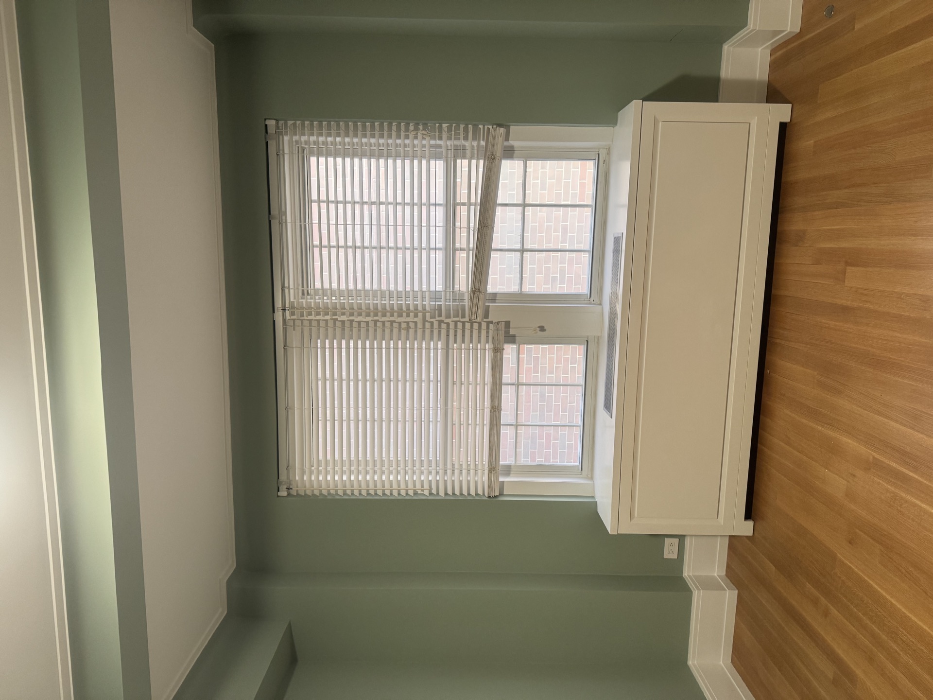 Sage green room with large window, blinds, and hardwood floor