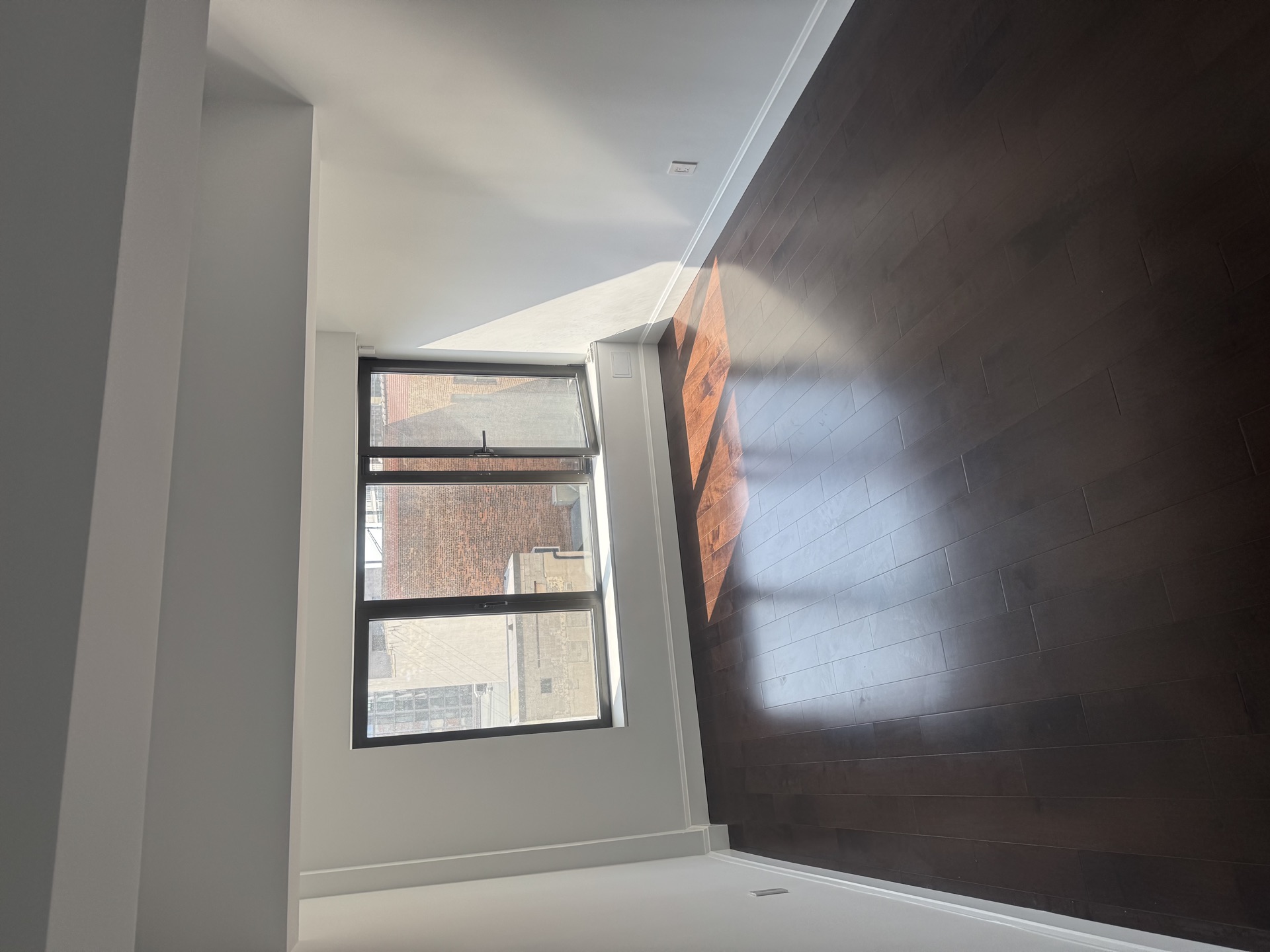 Sunlit bedroom featuring rich dark wood plank flooring