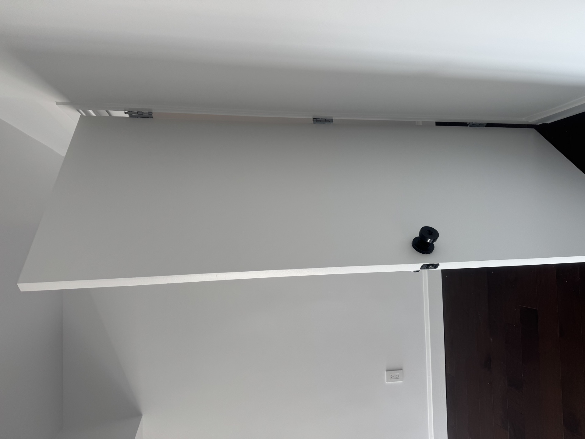 Custom built-in white cabinetry with matte black knobs against dark hardwood floor